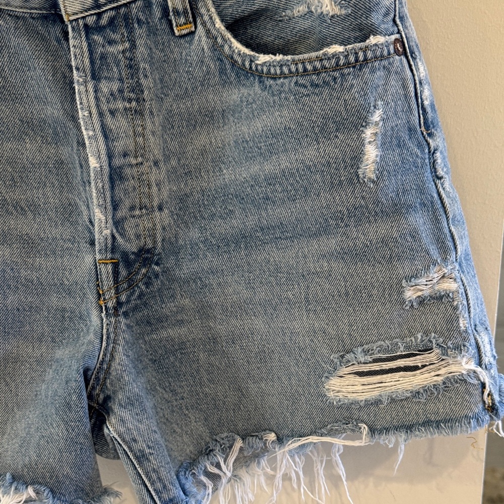 Agolde Light Blue Distressed High-Rise Denim Shorts - Picture 4 of 8